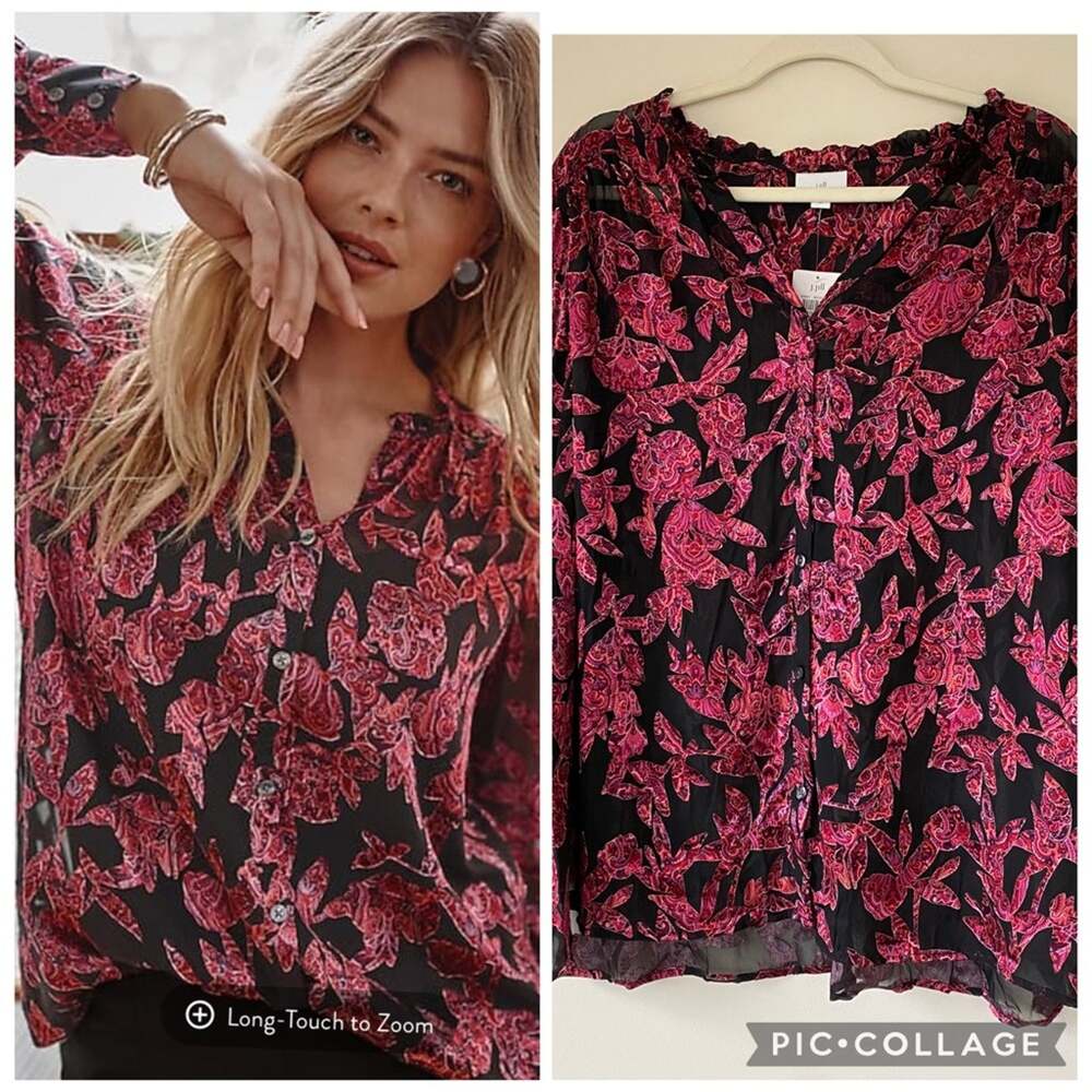 NWT J. Jill Ruffled Burn-Out Button Blouse Black Burgundy Red Floral Sheer 2X